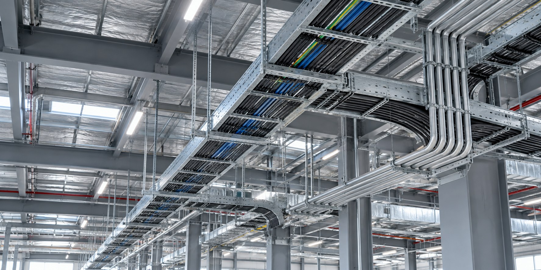 工業電纜橋架與電氣配線示意